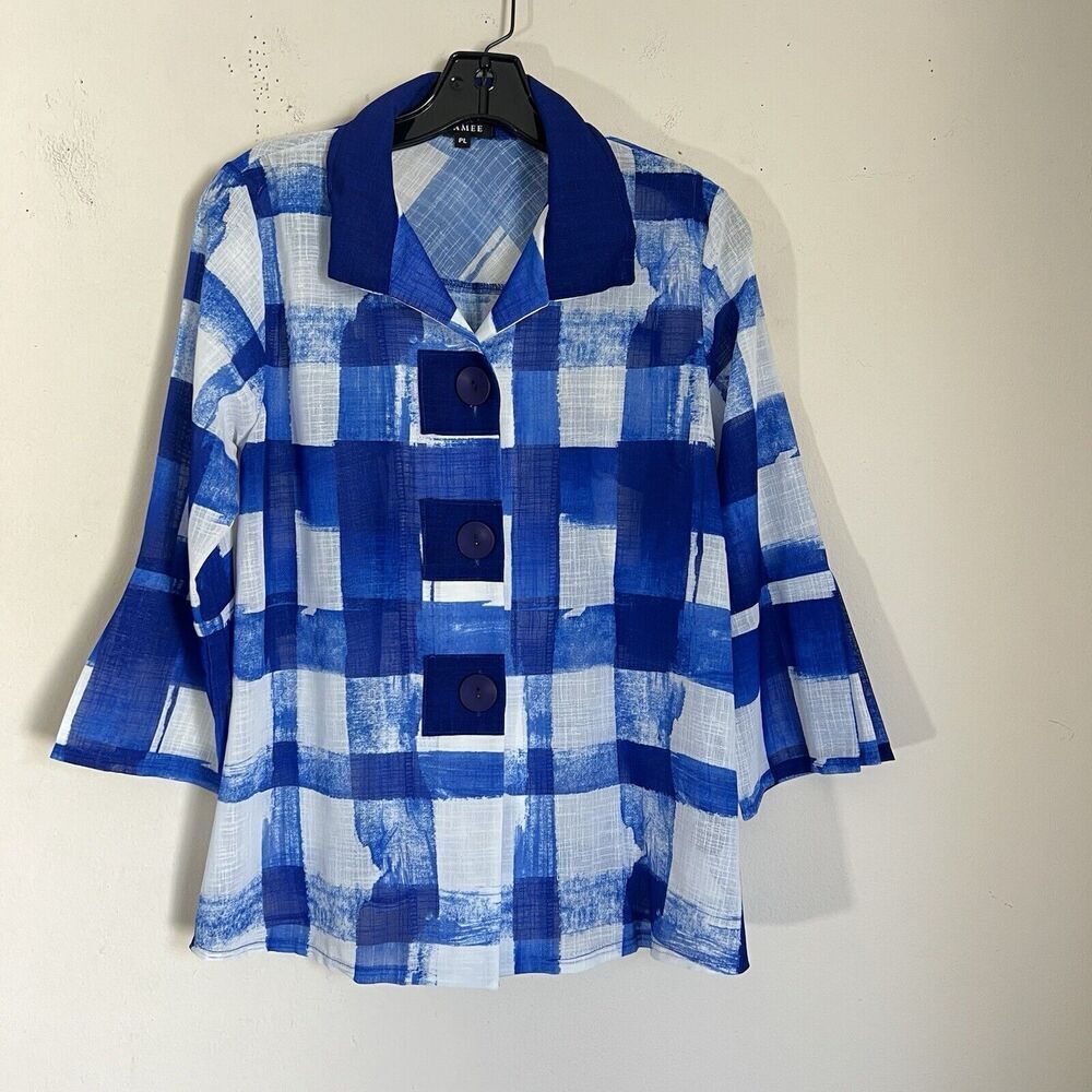 Damee Women’s Top Blue Square Prints Button Front Wired Collar Petite L New